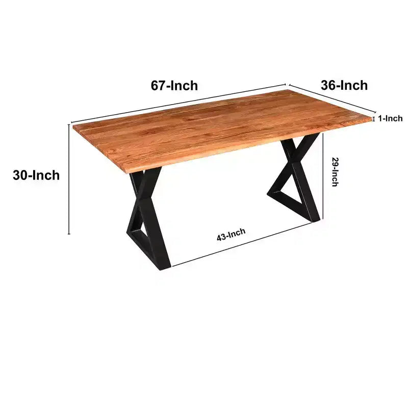 Table à manger rectangulaire avec piètement en métal croisé et plateau en bois d'acacia aspect Live Edge