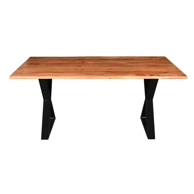 Table à manger rectangulaire avec piètement en métal croisé et plateau en bois d'acacia aspect Live Edge