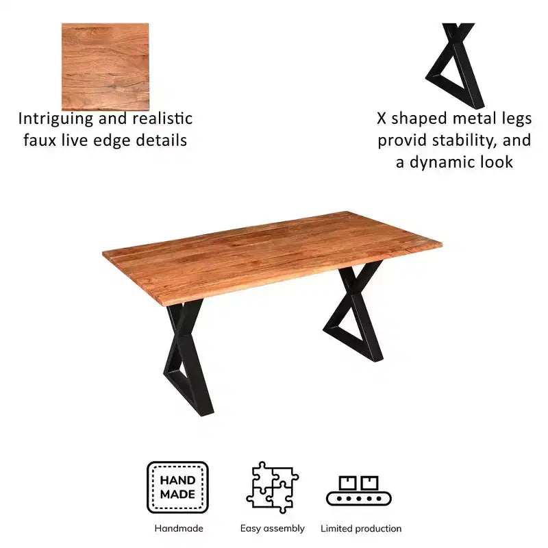 Table à manger rectangulaire avec piètement en métal croisé et plateau en bois d'acacia aspect Live Edge