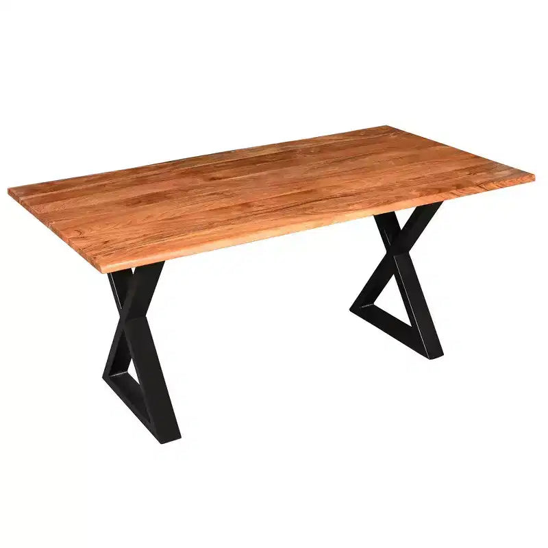 Table à manger rectangulaire avec piètement en métal croisé et plateau en bois d'acacia aspect Live Edge