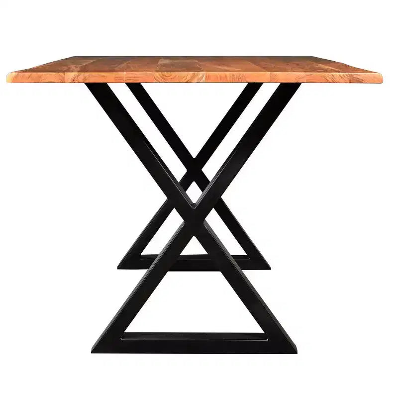 Table à manger rectangulaire avec piètement en métal croisé et plateau en bois d'acacia aspect Live Edge