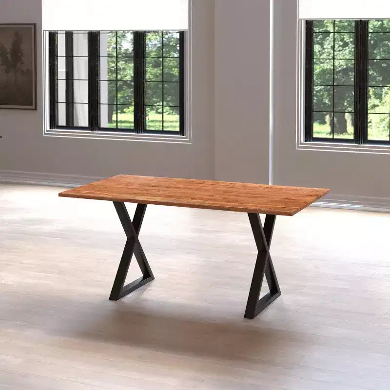 Table à manger rectangulaire avec piètement en métal croisé et plateau en bois d'acacia aspect Live Edge