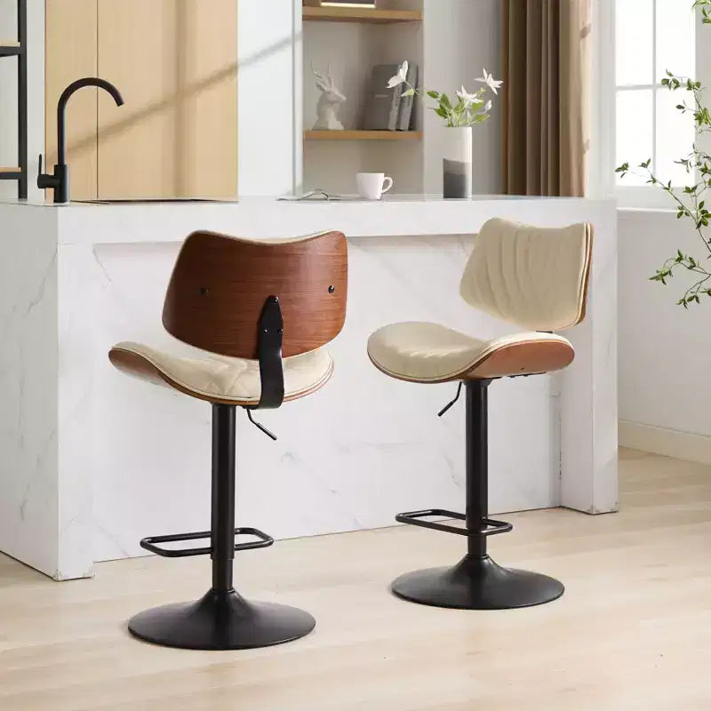 Tabouret de bar pivotant et réglable en hauteur, en bois courbé, avec revêtement en similicuir