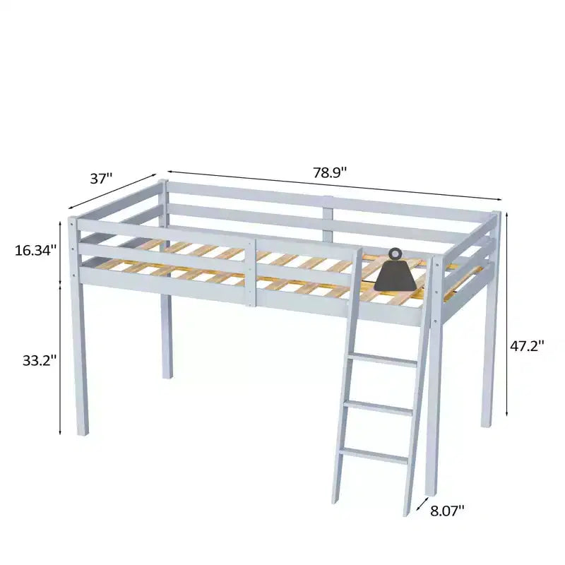 Lit mezzanine junior en bois gris avec escalier, pleine grandeur pour adultes, enfants et jeunes adolescents