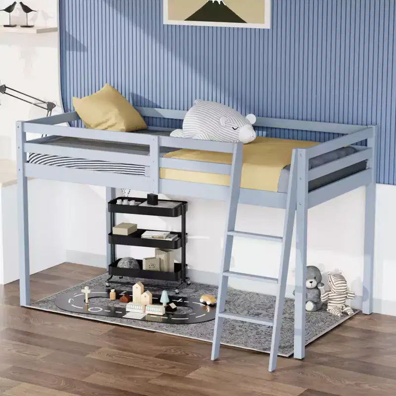 Lit mezzanine junior en bois gris avec escalier, pleine grandeur pour adultes, enfants et jeunes adolescents