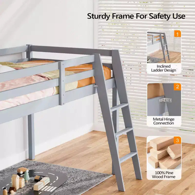 Lit mezzanine junior en bois gris avec escalier, pleine grandeur pour adultes, enfants et jeunes adolescents