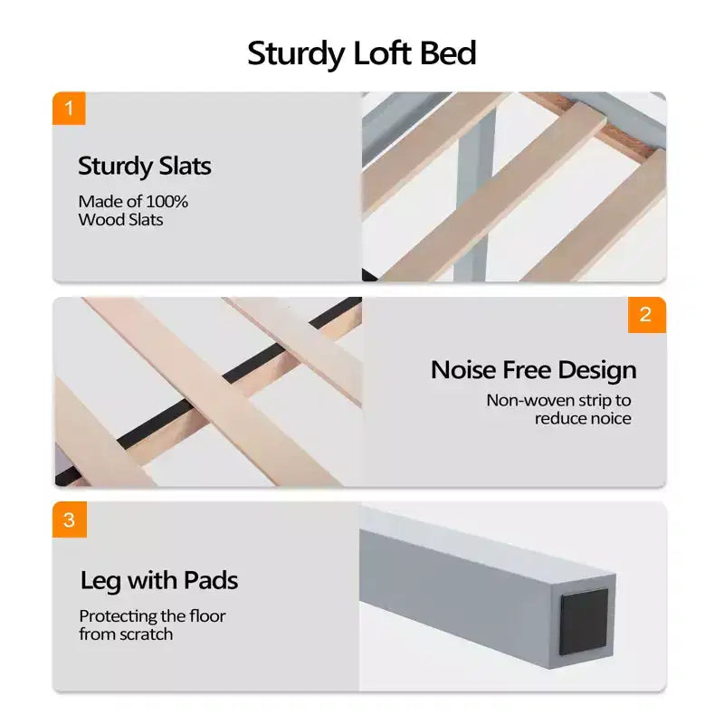 Lit mezzanine junior en bois gris avec escalier, pleine grandeur pour adultes, enfants et jeunes adolescents