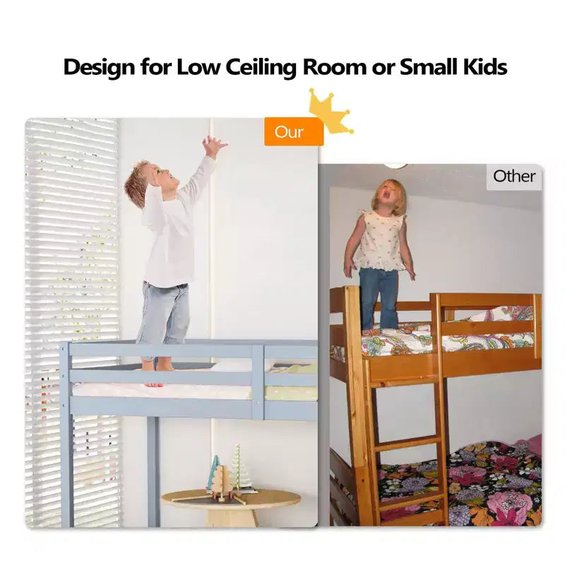 Lit mezzanine junior en bois gris avec escalier, pleine grandeur pour adultes, enfants et jeunes adolescents