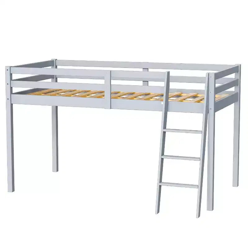 Lit mezzanine junior en bois gris avec escalier, pleine grandeur pour adultes, enfants et jeunes adolescents