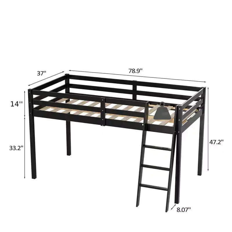 Lit mezzanine junior en bois gris avec escalier, pleine grandeur pour adultes, enfants et jeunes adolescents