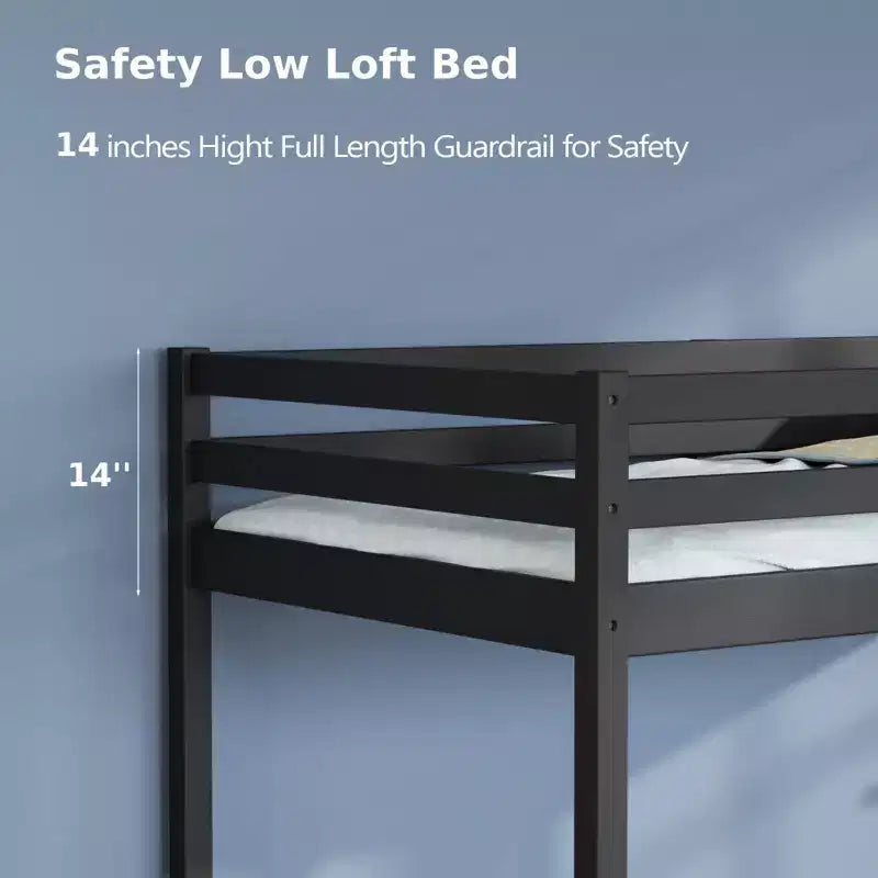 Lit mezzanine junior en bois gris avec escalier, pleine grandeur pour adultes, enfants et jeunes adolescents