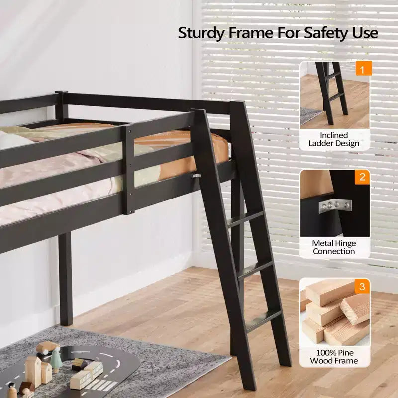 Lit mezzanine junior en bois gris avec escalier, pleine grandeur pour adultes, enfants et jeunes adolescents