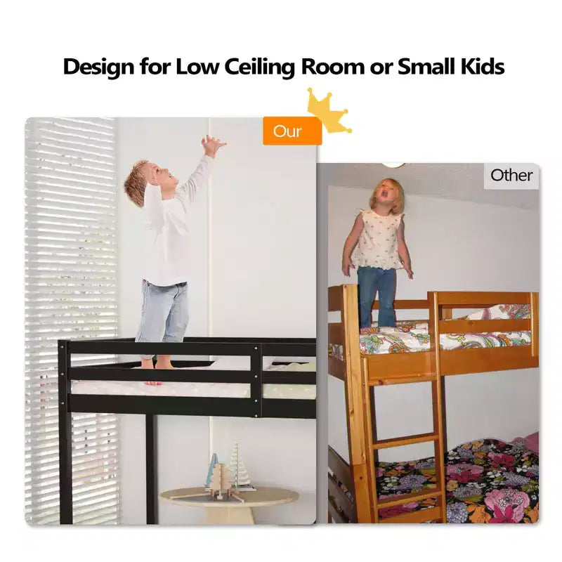 Lit mezzanine junior en bois gris avec escalier, pleine grandeur pour adultes, enfants et jeunes adolescents