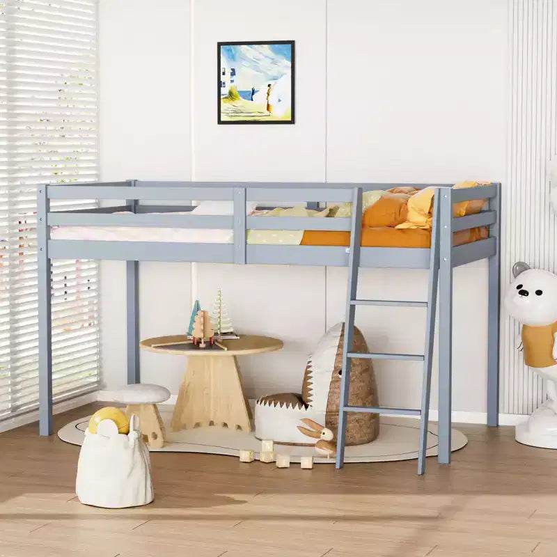 Lit mezzanine junior en bois gris avec escalier, pleine grandeur pour adultes, enfants et jeunes adolescents