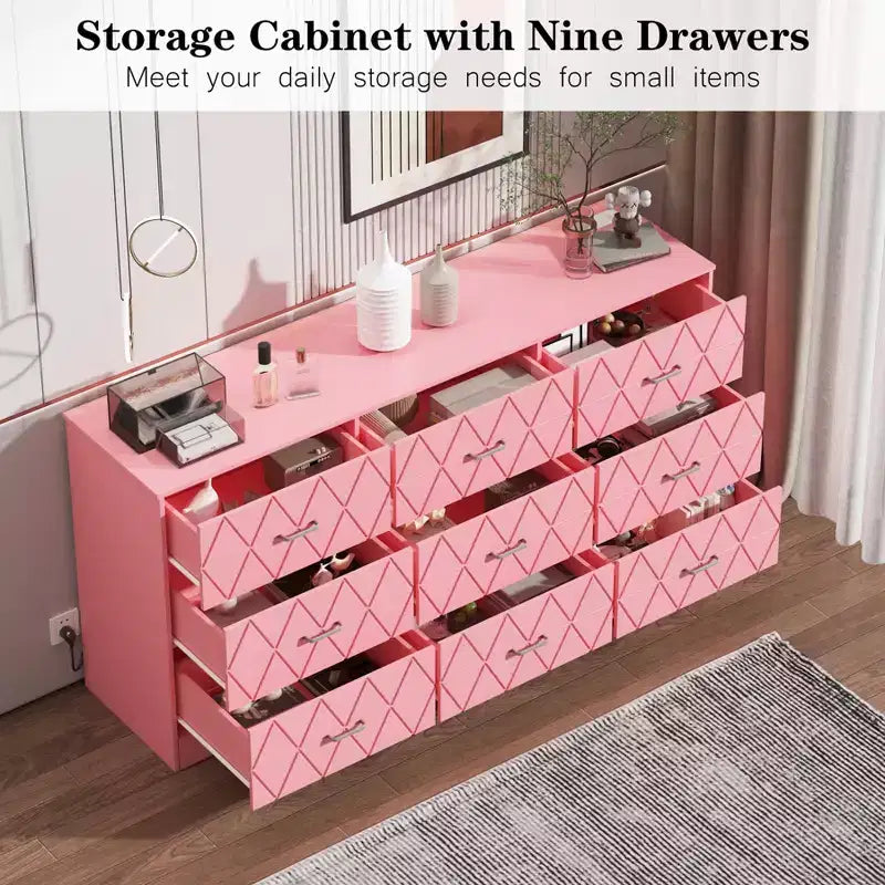 Commode triple à 9 tiroirs Modern Accent, Armoire de rangement en bois pour chambre à coucher