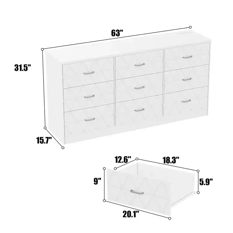 Commode triple à 9 tiroirs Modern Accent, Armoire de rangement en bois pour chambre à coucher