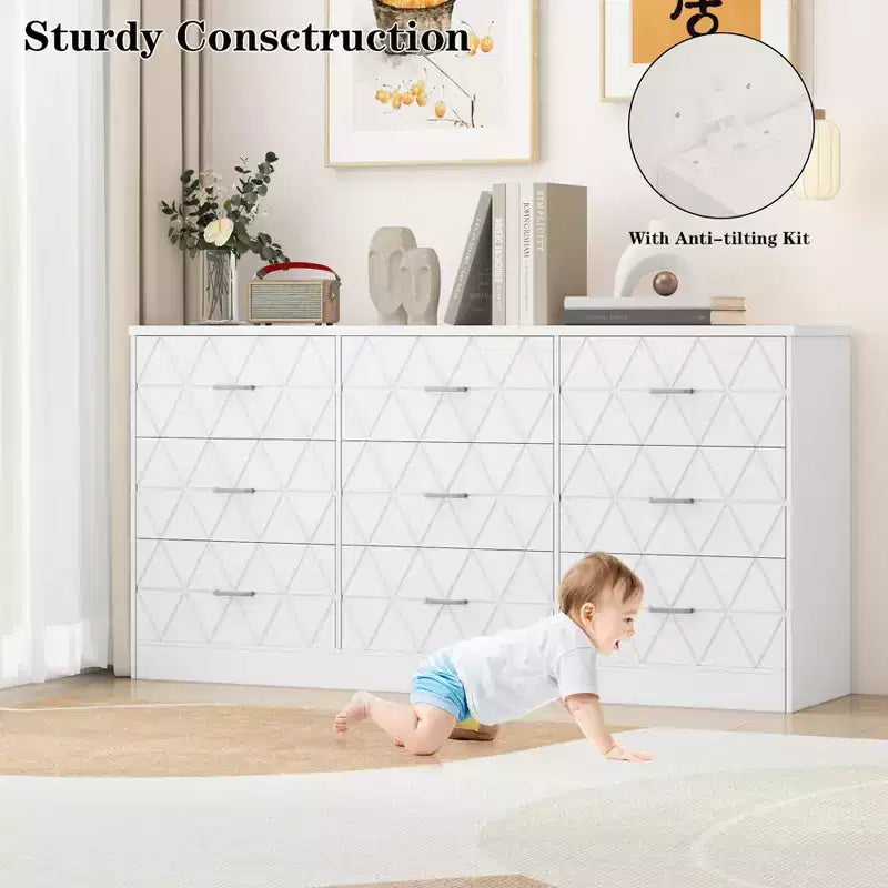 Commode triple à 9 tiroirs Modern Accent, Armoire de rangement en bois pour chambre à coucher