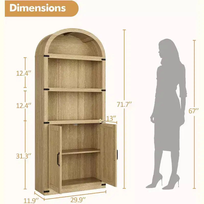 Bibliothèque avec portes Étagère cintrée 182 cm de haut Bibliothèque de style rustique