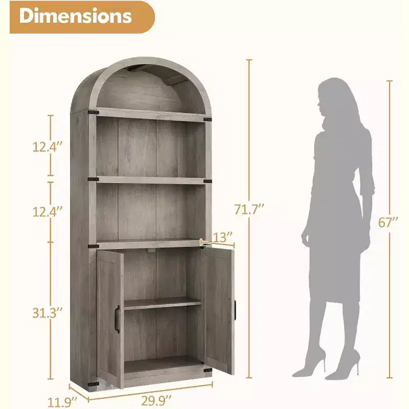 Bibliothèque avec portes Étagère cintrée 182 cm de haut Bibliothèque de style rustique