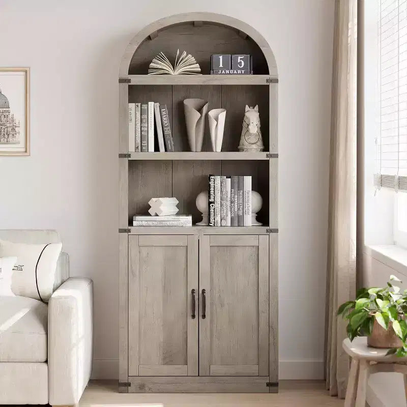 Bibliothèque avec portes Étagère cintrée 182 cm de haut Bibliothèque de style rustique