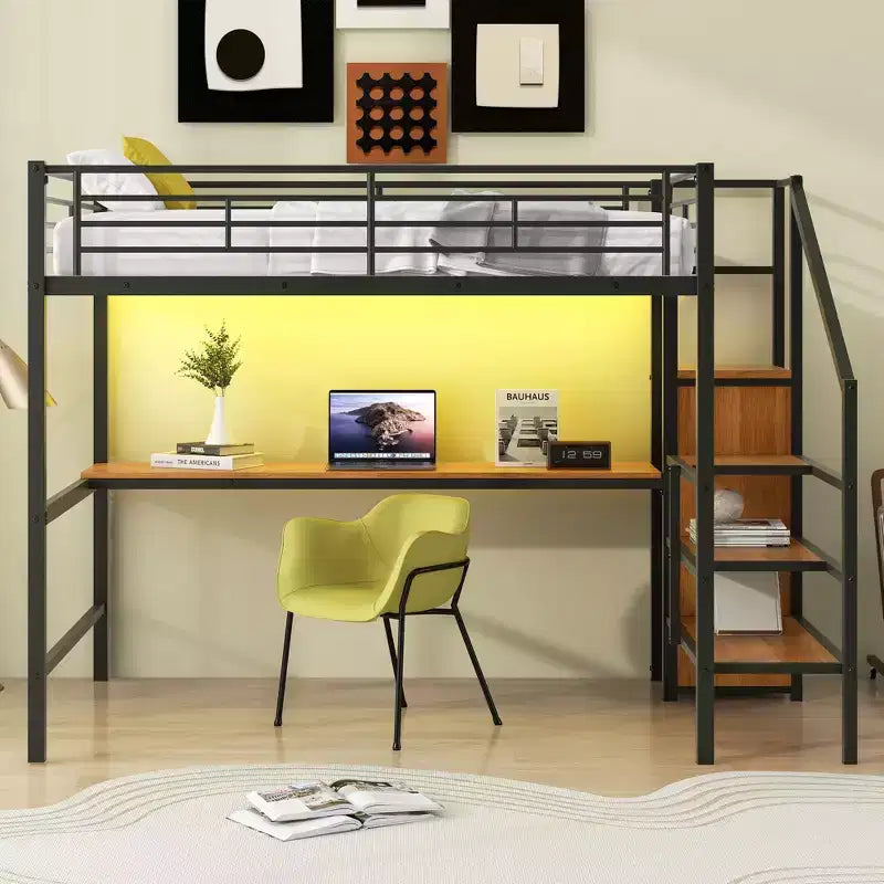 Lit superposé en métal grandeur nature avec bureau, rangement, escalier, barrière de sécurité et lit mezzanine