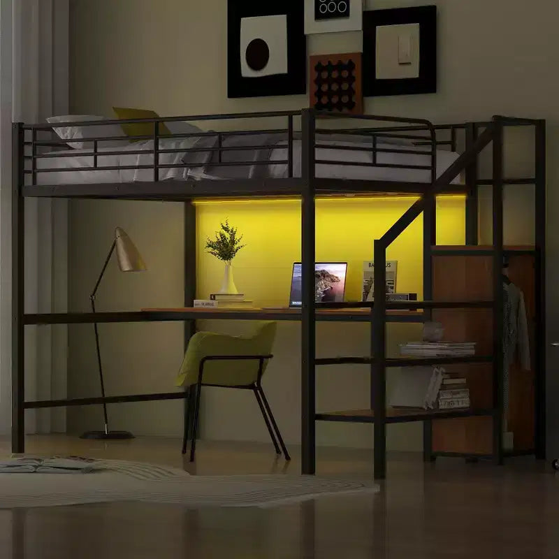 Lit superposé en métal grandeur nature avec bureau, rangement, escalier, barrière de sécurité et lit mezzanine