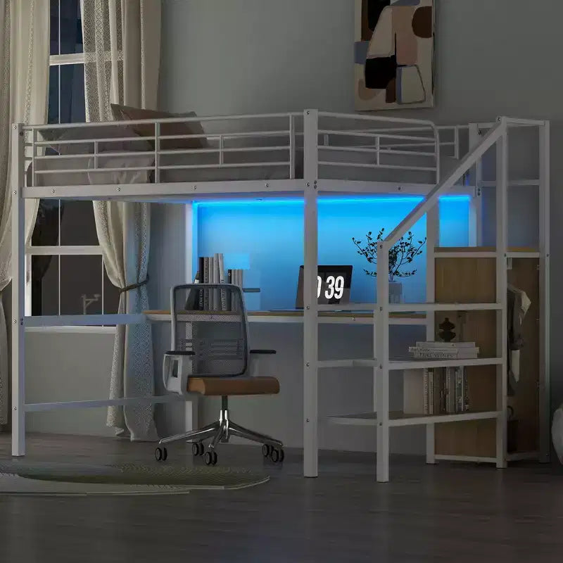 Lit superposé en métal grandeur nature avec bureau, rangement, escalier, barrière de sécurité et lit mezzanine