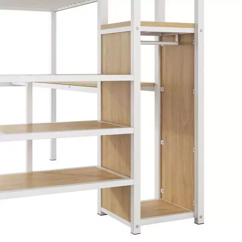 Lit superposé en métal grandeur nature avec bureau, rangement, escalier, barrière de sécurité et lit mezzanine