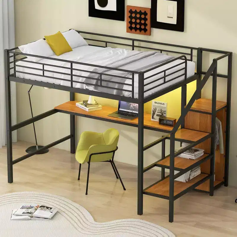 Okak Full Size Metal Bunk Bed with Desk &amp; Storage Staircase &amp; Safety Fence Loft Bed with Small Wardrobe &amp; LED for Kids Teens Easy Assemble