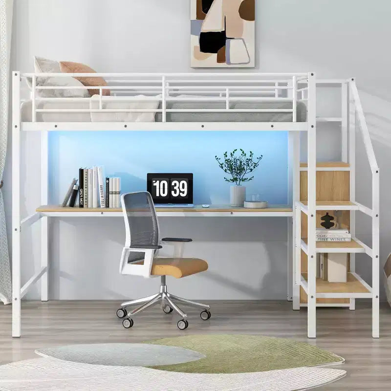 Lit superposé en métal grandeur nature avec bureau, rangement, escalier, barrière de sécurité et lit mezzanine