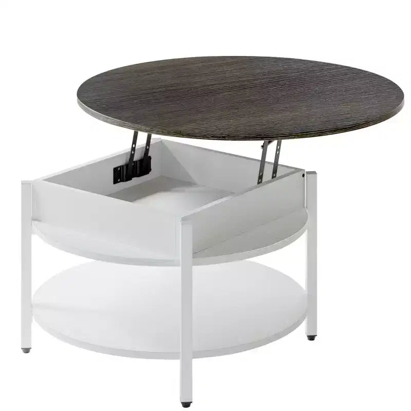 Table basse ronde relevable avec rangement dissimulé, table de style ferme à 2 niveaux, blanche