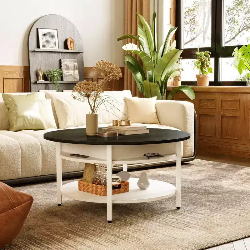 Table basse ronde relevable avec rangement dissimulé, table de style ferme à 2 niveaux, blanche