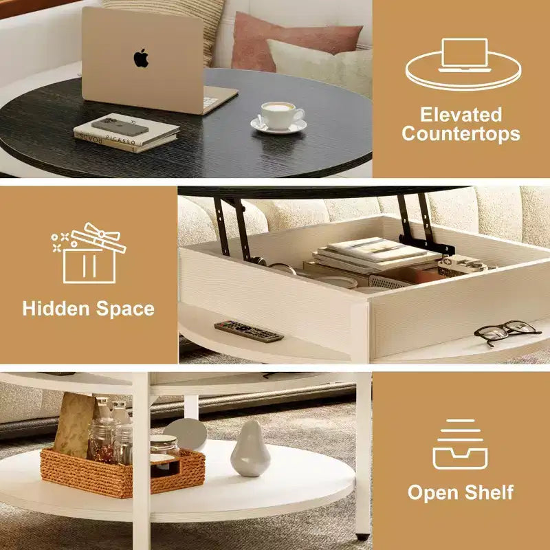 Table basse ronde relevable avec rangement dissimulé, table de style ferme à 2 niveaux, blanche