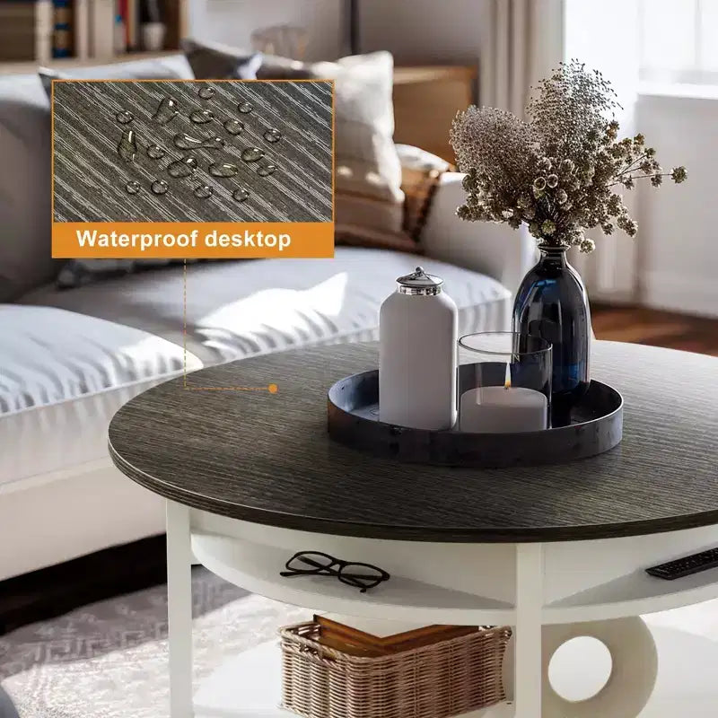 Table basse ronde relevable avec rangement dissimulé, table de style ferme à 2 niveaux, blanche