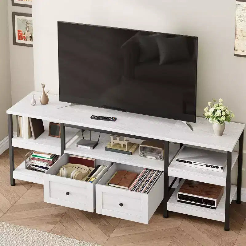 71 Rustic TV Stand with Storage - Holds TVs Up to 75, 2 Drawers &amp; Open Shelves, Industrial Metal Frame Entertainment Center