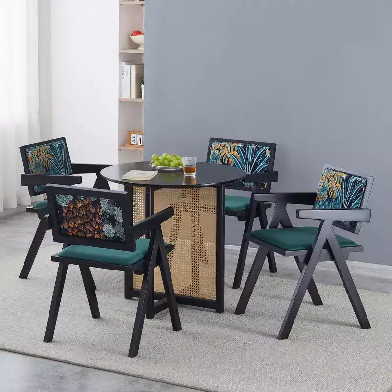 Chaises de salle à manger en bois massif avec dossier en rotin