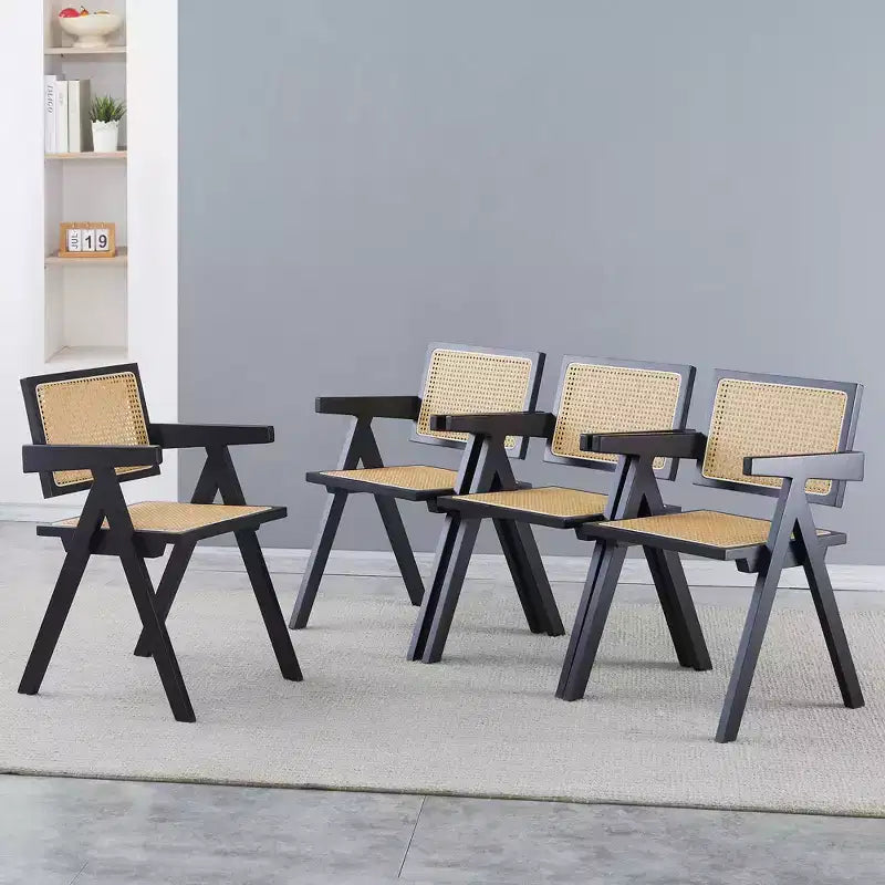 Chaises de salle à manger en bois massif avec dossier en rotin