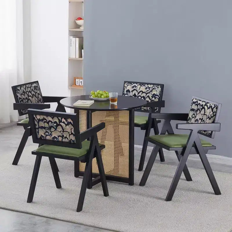 Chaises de salle à manger en bois massif avec dossier en rotin