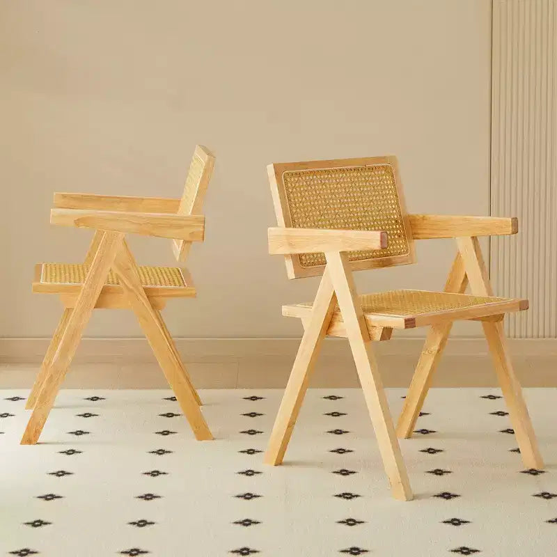 Chaises de salle à manger en bois massif avec dossier en rotin