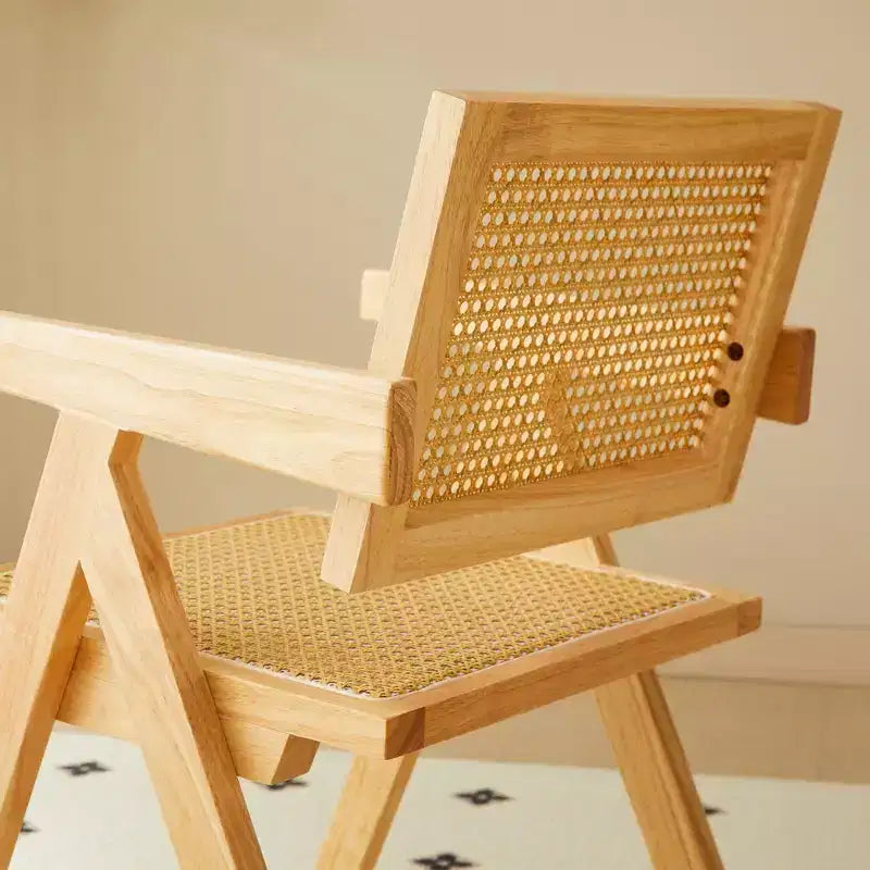 Chaises de salle à manger en bois massif avec dossier en rotin