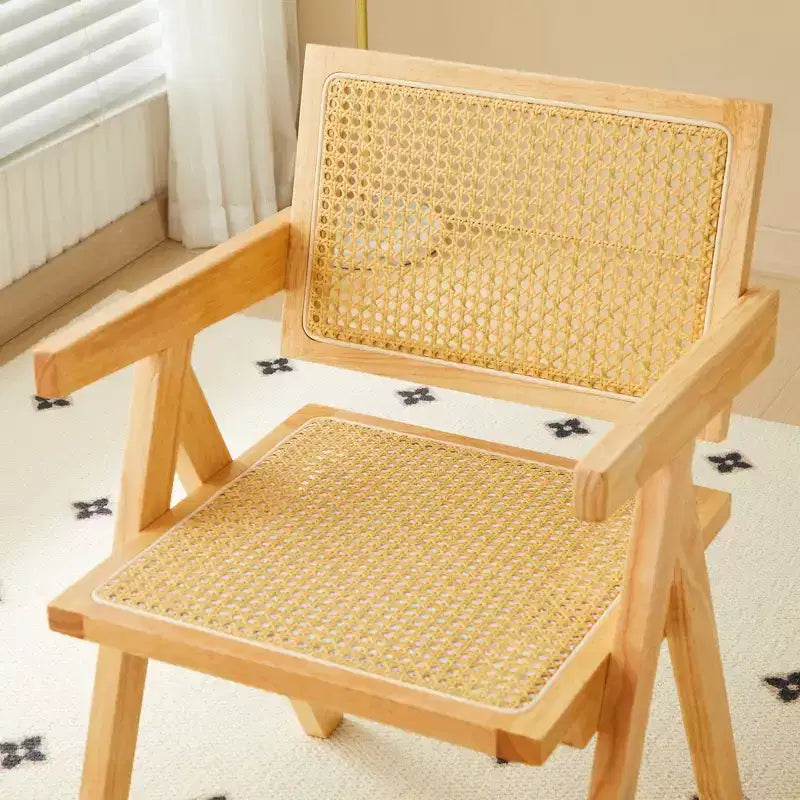 Chaises de salle à manger en bois massif avec dossier en rotin
