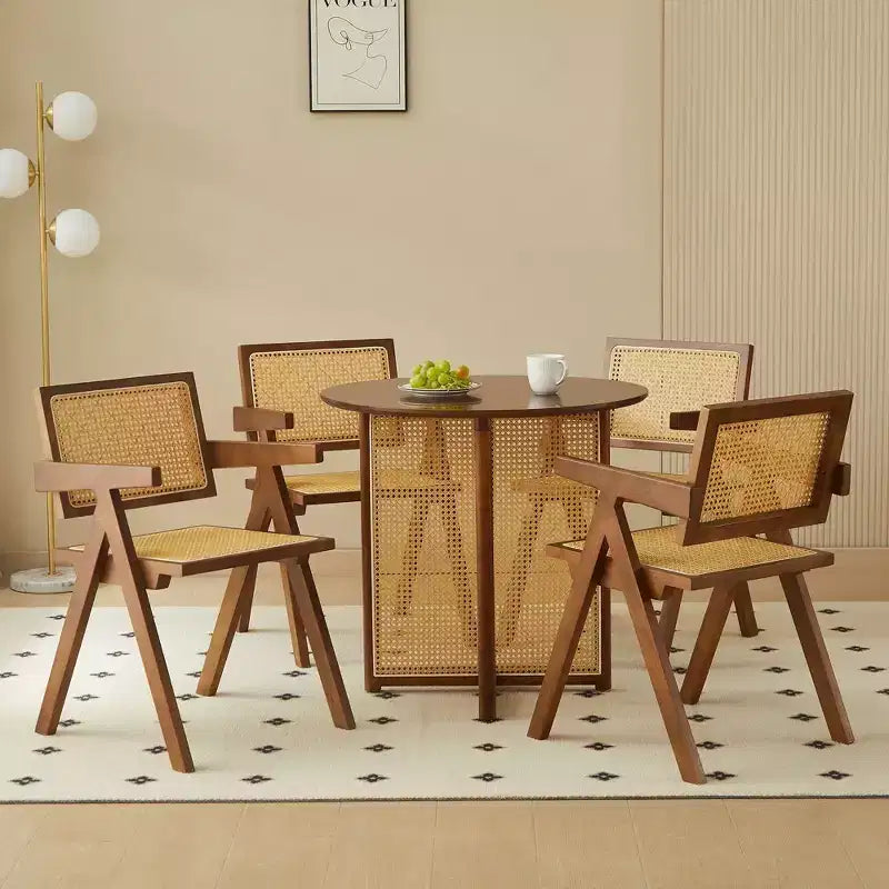 Chaises de salle à manger en bois massif avec dossier en rotin