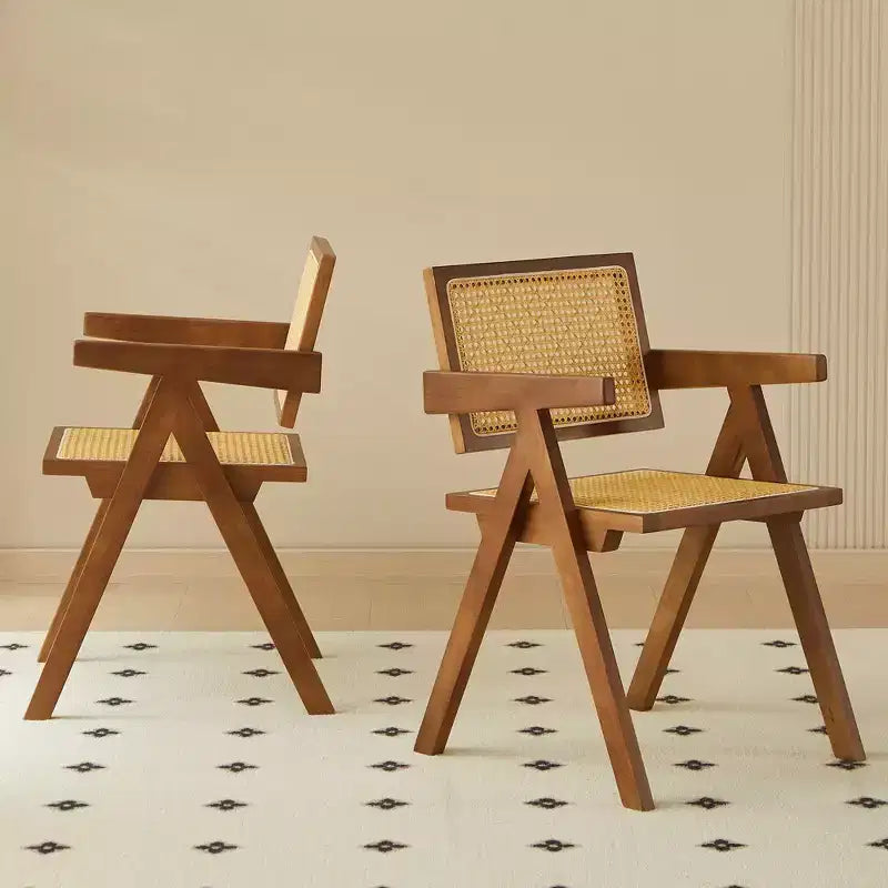 Chaises de salle à manger en bois massif avec dossier en rotin