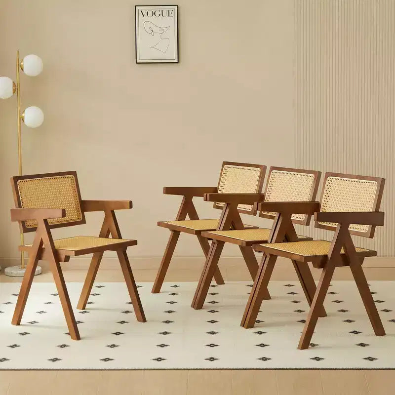 Chaises de salle à manger en bois massif avec dossier en rotin