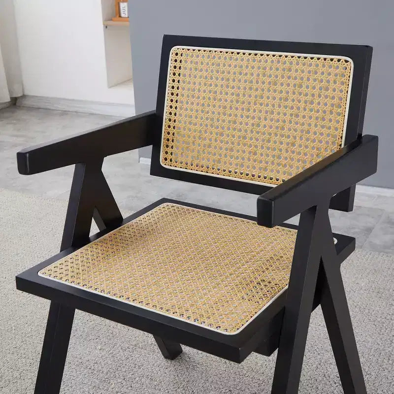 Chaises de salle à manger en bois massif avec dossier en rotin
