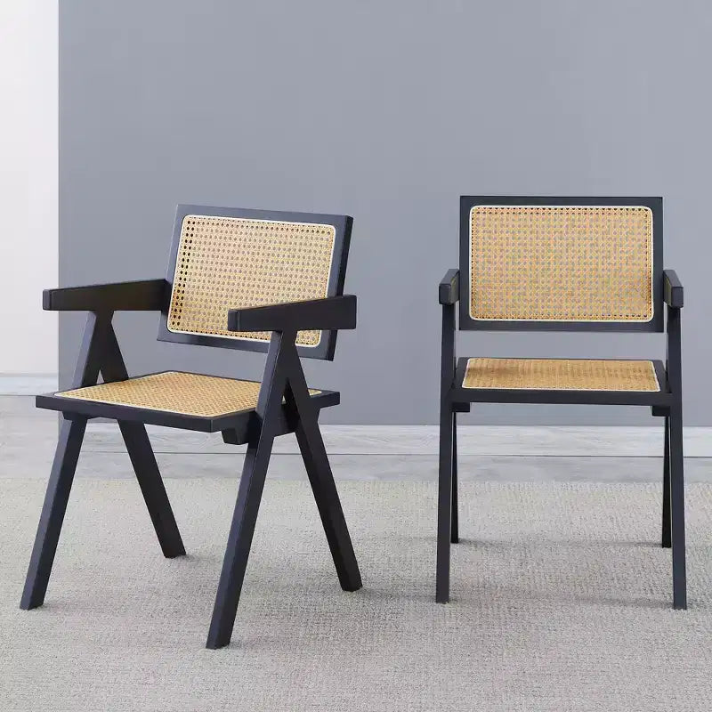 Chaises de salle à manger en bois massif avec dossier en rotin