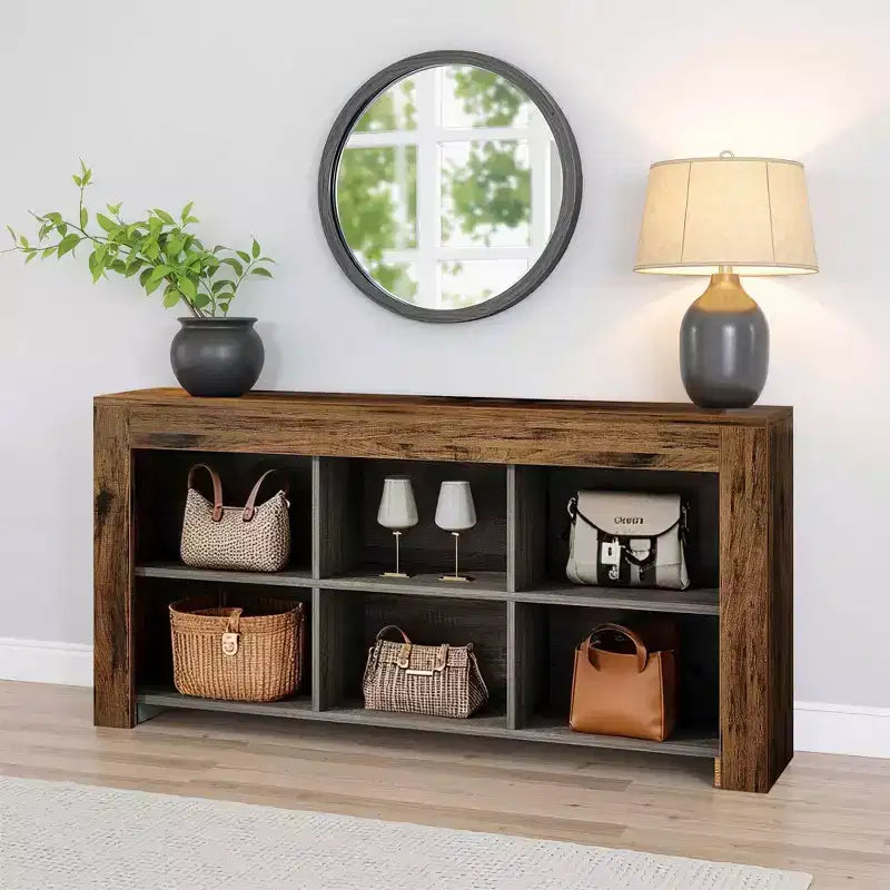 Console rustique, 6 compartiments ouverts, table de canapé en bois pour entrée