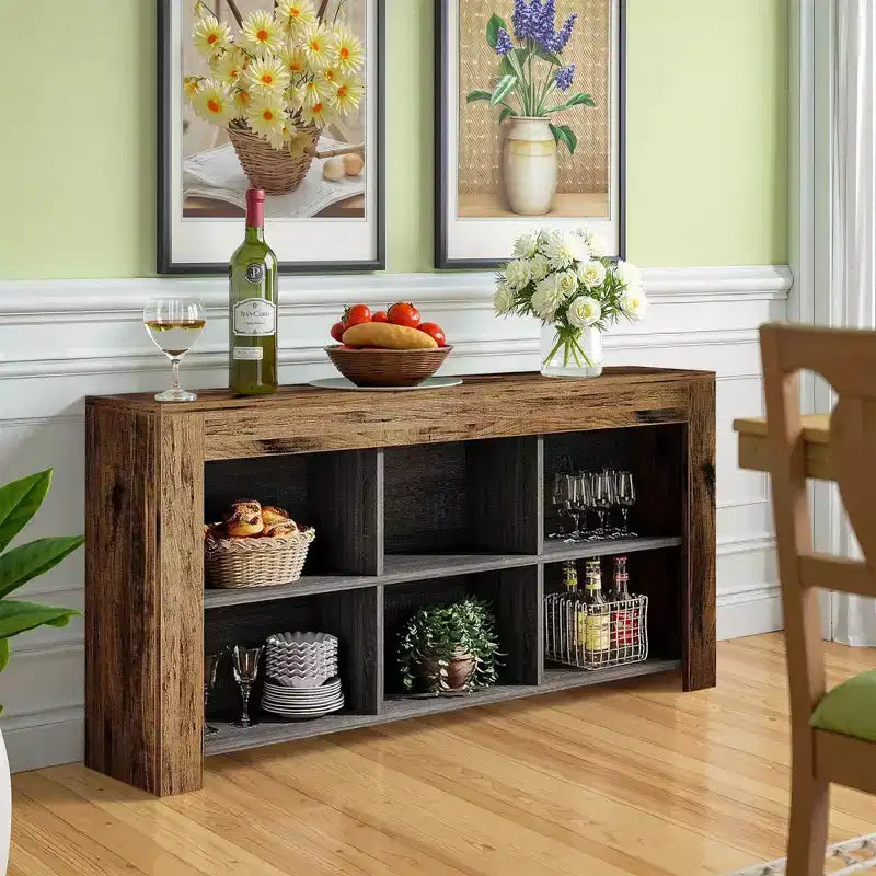 Console rustique, 6 compartiments ouverts, table de canapé en bois pour entrée