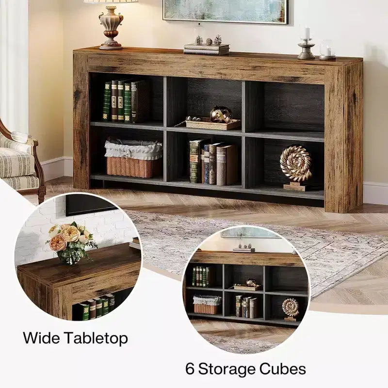 Console rustique, 6 compartiments ouverts, table de canapé en bois pour entrée