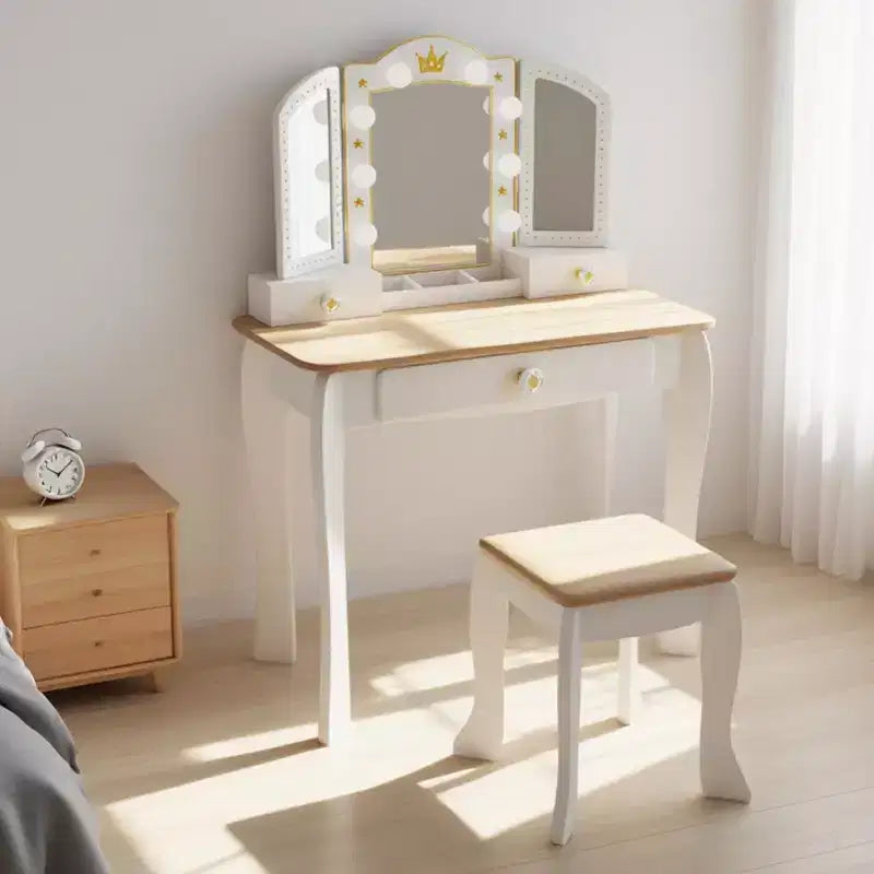 Freniland - Princess Vanity Table for Toddlers with Light-Up Mirror &amp; Stool,Wooden Makeup Table with Storage Drawers